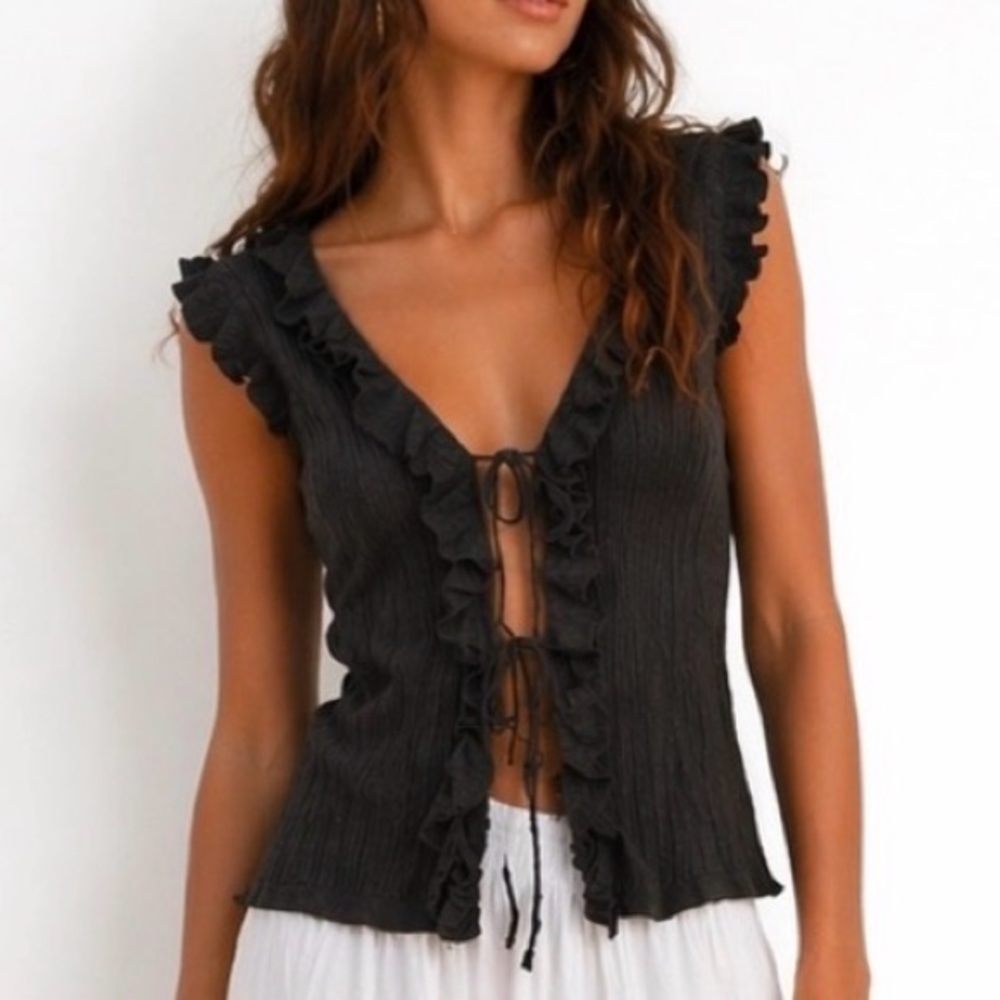 Zara Black Ruffle Tie-Front Top (Sleeveless) | Size L